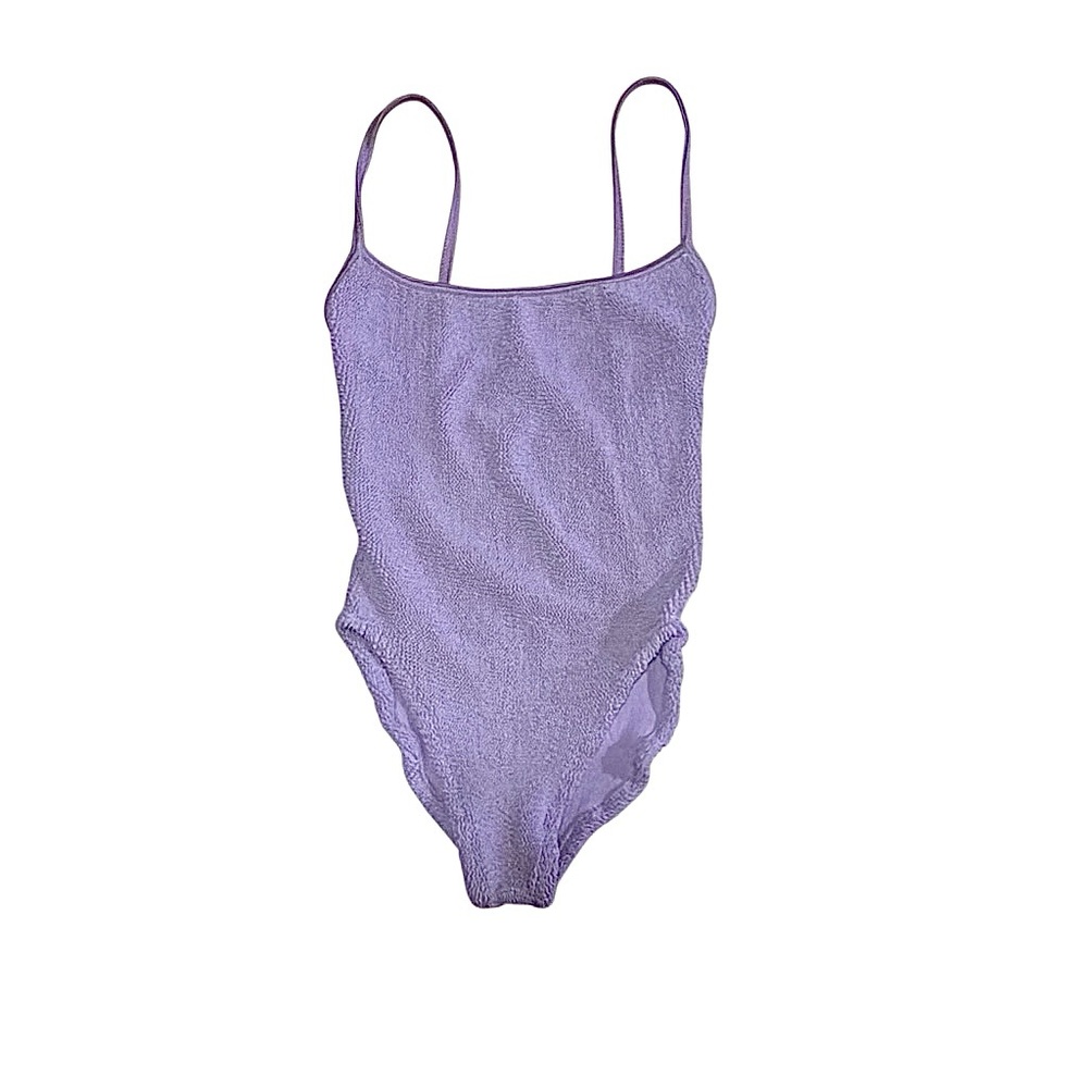 Hunza G Pamela Crinkle Stretch Lilac Purple Blue One Piece Swimsuit Bathing Suit